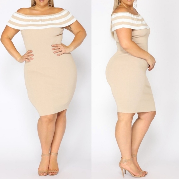 Off the Shoulder Stripe Flounce Knit Bodycon - Picture 3 of 6
